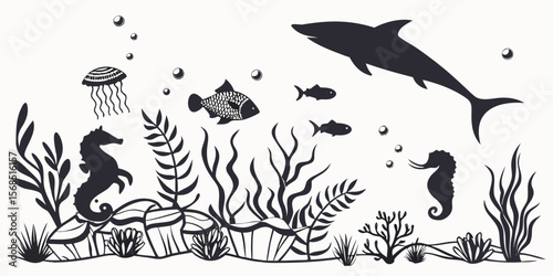 Silhouette of a marine ecosystem with a shark seahorses fish jellyfish and aquatic plants isolated on white background