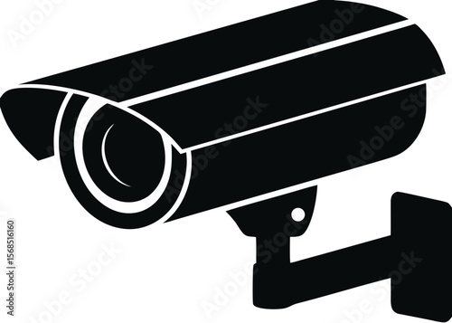 Black silhouette of a modern security camera mounted on a bracket isolated on white background isolated on transparent background