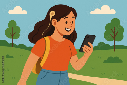 Young Woman with Cochlear Implant Using Smartphone Walking in Park Vector