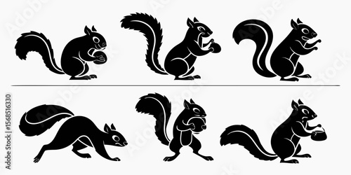 Collection of six black silhouette squirrels in various poses holding nuts isolated on white background