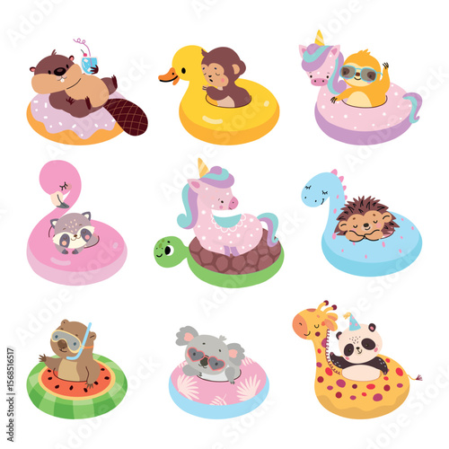 Animal on swimming rings. Funny animals swim on rubber ring, seasonal beach rest characters. Cartoon hedgehog raccoon panda, nowaday vector set