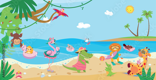 Animals on beach. Different animal characters rest on sea or ocean. Crocodile, monkey flamingo lion giraffe. Outdoor resting, swimming, nowaday vector illustration