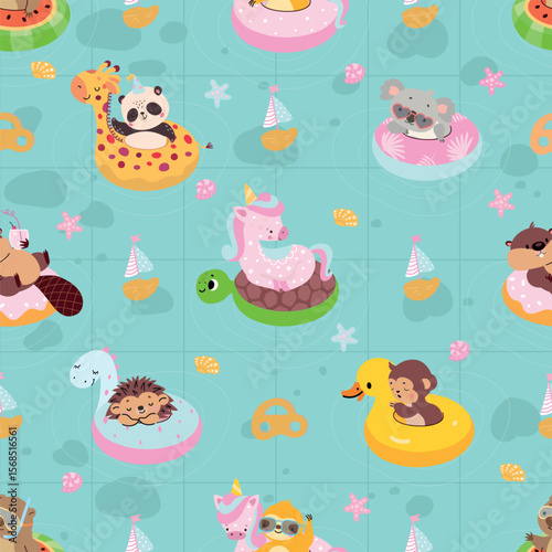 Animal on rubber rings seamless pattern. Funny animals swim on inflatable ring, childish style print for fabric wallpaper wrapping, nowaday vector background