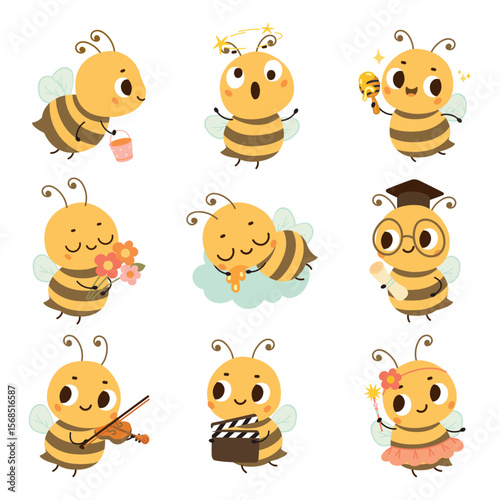 Cute cartoon bee. Funny bees in different poses, emotional insects. Cute flying insect with bucket, flowers, play music and sleep on cloud, nowaday vector set
