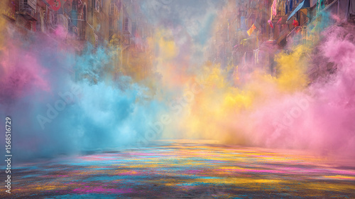 Vibrant Street Scene with Colorful Smoke and Powder
