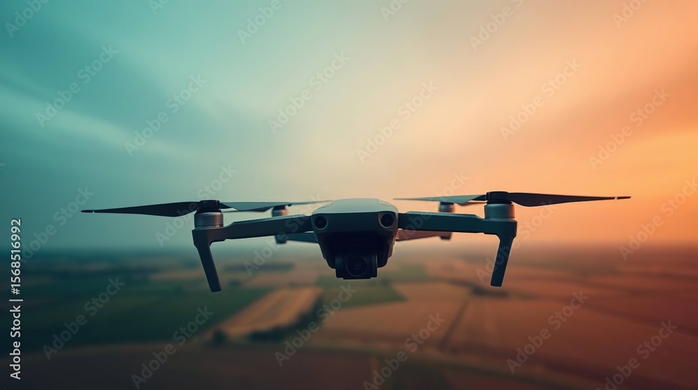 Naklejka premium Drone flies over blurred farmland view.
