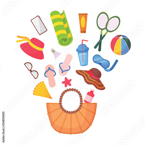 Things for beach bag. Summer rest accessories, different items for sunbathing and coast leisure. Sunscreen, mat, slippers, sunglasses, neoteric vector concept