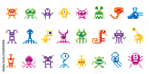 Pixel monsters. Arcade play characters, isolated neon colors space invaders. Vintage 8bit aliens, galaxy invader or virus, neoteric video game vector set