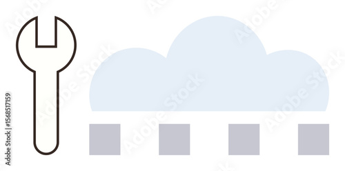 Wrench symbolizing tools next to a cloud with four connected nodes below. Ideal for technology, cloud computing, digital tools, data management, software solutions, system optimization, simple flat