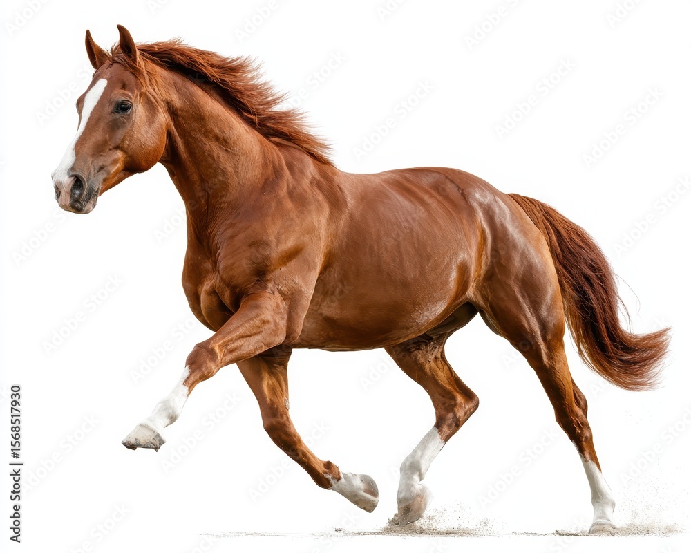 Obraz premium Dynamic Red Mare with Three White Legs and Unique Facial Line in Motion Against a White Background