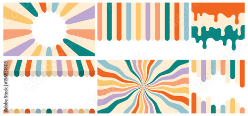 Retro Striped Backgrounds and Dripping Shapes Set. Vintage Colorful Sunburst, Stripes, Awning Borders, and Melt Elements on transparent. Rainbow Vector Flat Design Collection