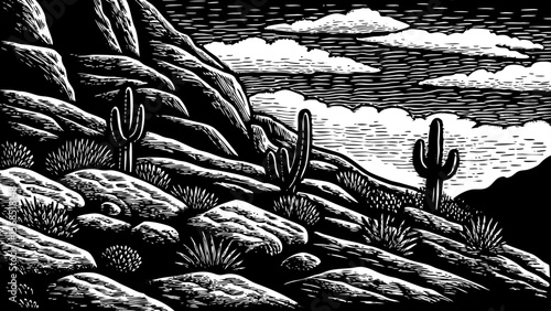 A rocky desert cliffside dotted with climbing cacti and mossy stones, ideal for rugged nature scenes vector a black and white line art illustration