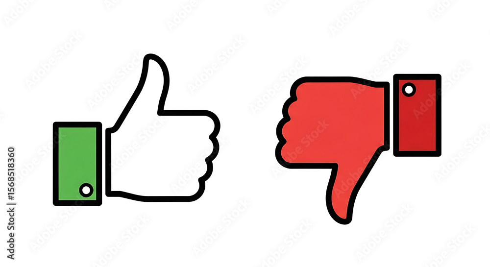 Obraz premium A cartoon illustration showing a green thumbs up and a red thumbs down on a white background plain view