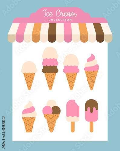 Summer set of ice cream icons in minimalist flat style on signboard with image of striped gelato awning. For menu, sign, banner, board, advertising. Vector EPS10
