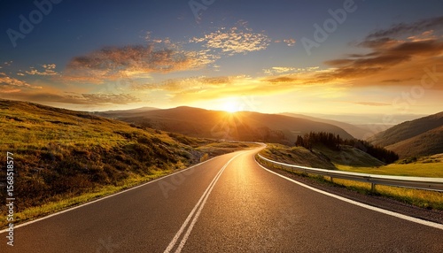 an illustration of an empty winding mountain road stretching towards the horizon under a bright sunset on a sunny summer day with the warm golden light casting long shadows across the landscape