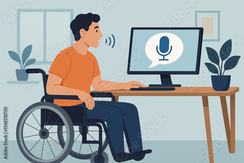 Man with Muscular Dystrophy Using Voice Recognition Software at Home Vector