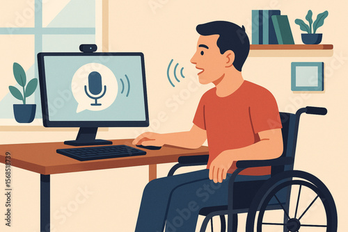 Man with Muscular Dystrophy Using Voice Recognition Software at Home Vector