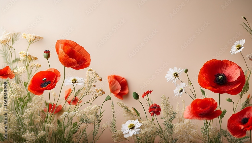 Naklejka premium vibrant red poppies with wildflowers on soft beige background