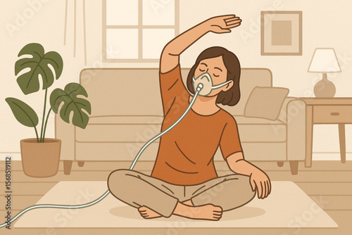 Woman Wearing Oxygen Mask Doing Gentle Stretches in Living Room Vector
