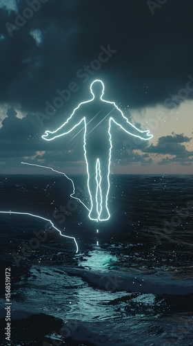 Glowing Silhouette Levitation Over Ocean