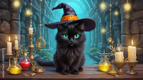 Cute black cat wearing witch hat in mystical indoor castle decorated with candles and jack-o-lantern pumpkin. Happy Halloween