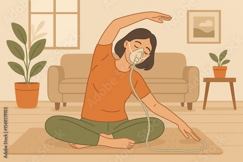 Woman Wearing Oxygen Mask Doing Gentle Stretches in Living Room Vector