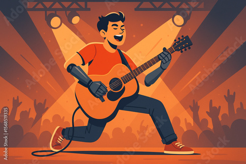 Young Man with Prosthetic Arm Playing Guitar on Stage Vector