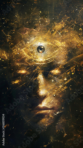 Mystical Human Face with Third Eye in Abstract Art