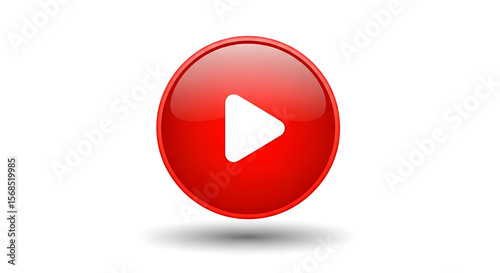 A red glossy play button with a white triangle pointing right on a white background with a soft shadow