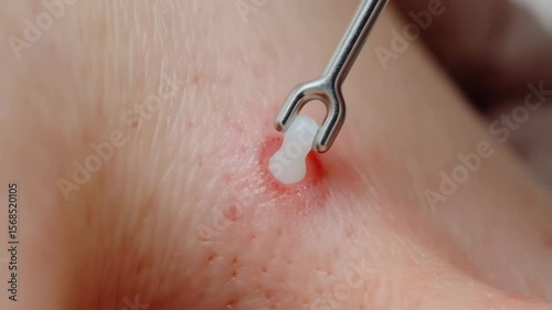 Comedone extractor tool squeezing a white pimple on irritated skin