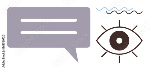 Speech bubble with lines beside a stylized eye and wavy lines. Ideal for communication, awareness, attention, vision, creativity, mindfulness, connection. Minimalist flat metaphor