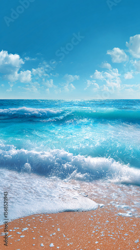 Tranquil Beach Scene with Turquoise Waves and Blue Sky