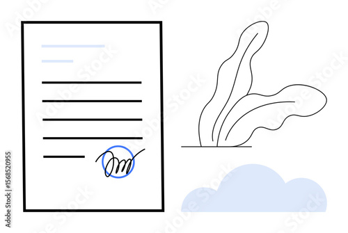 Signed document with visible signature, surrounded by a simple cloud and plant illustration. Ideal for agreement, contract, approval, paperwork, signature, legal process, simple flat metaphor