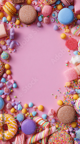 Colorful Candy Arrangement on Pink Background