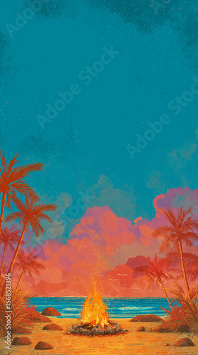 Tropical Beach Sunset with Campfire