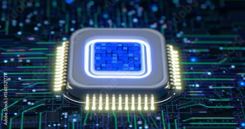 Microchip on Circuit Board with Glowing Elements and Connections