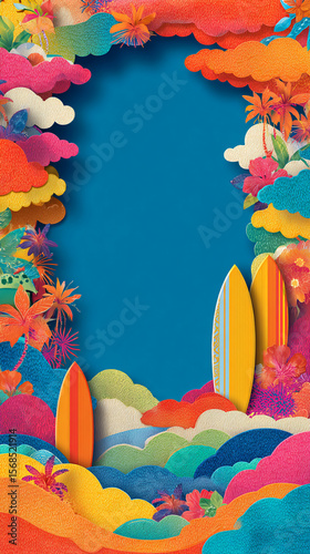 Vibrant Tropical Surf Scene with Colorful Clouds and Flowers