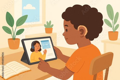 Child with Hearing Aid Focused on Online Learning Session with Tablet Vector