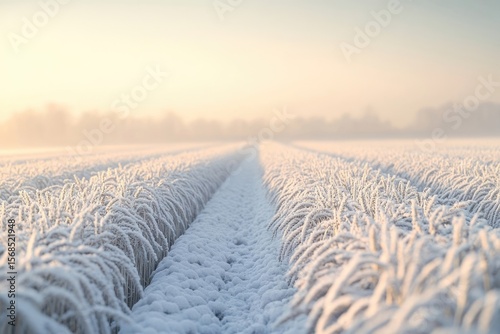 A serene, frosty landscape featuring rows of crops dusted with snow, bathed in the soft light of a winter morning.