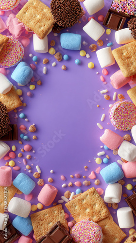 Colorful Candy and Treats on Purple Background
