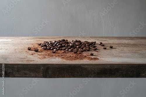 Roasted coffee beans scattered on a rustic wooden surface, some ground coffee around them, neutral background.