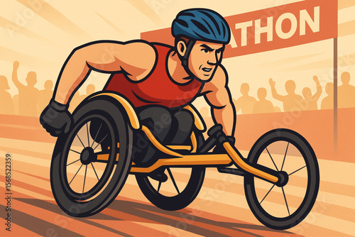 Competitive Man in Racing Wheelchair Participating in Marathon Vector