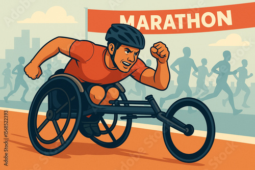 Competitive Man in Racing Wheelchair Participating in Marathon Vector