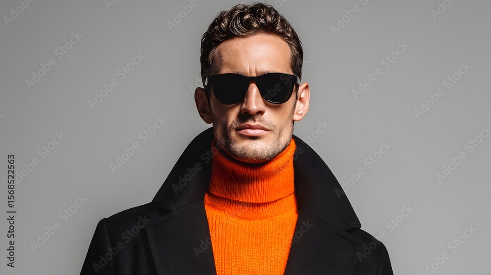 Fototapeta premium Stylish man in sunglasses, orange turtleneck, and black coat against a gray backdrop, showcasing a modern, confident look.