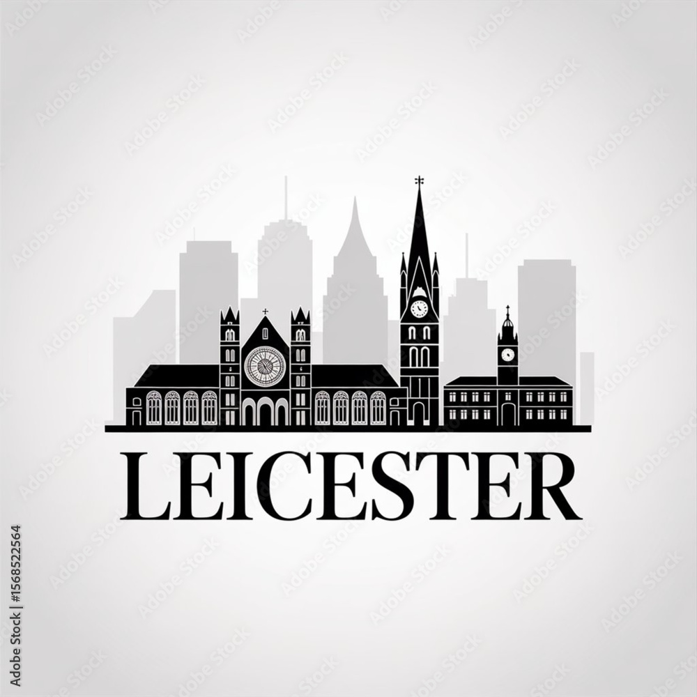 Naklejka premium Leicester Skyline Silhouette — Historic British Midlands City Vector Illustration