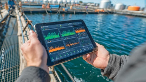 Hand holding tablet showing aquaculture monitoring graphs, green and orange data visualization, water quality tracking interface, digital fish farm management system