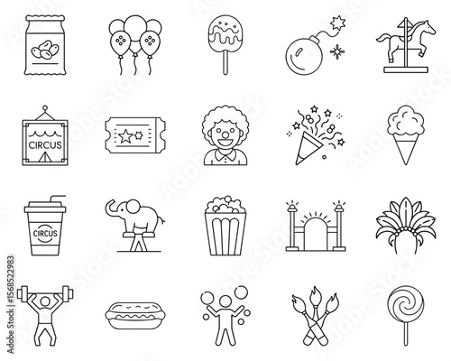 Circus themed vector icon set featuring fun activities and symbols
