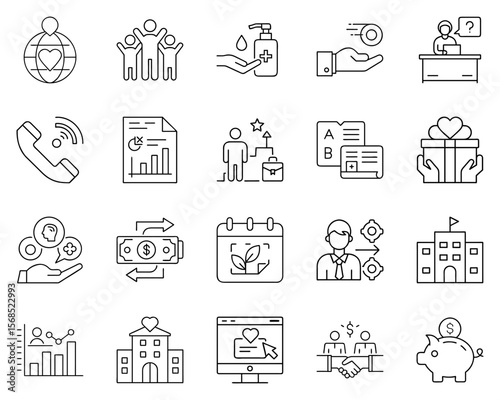 Volunteering icon set featuring community support and assistance symbols