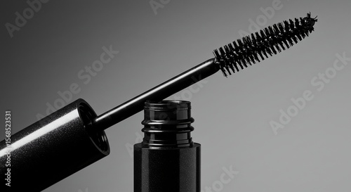 A mascara brush with a black tube showing a mascara tube open with the brush lying diagonally across it captured with natural light for authentic editorial and 