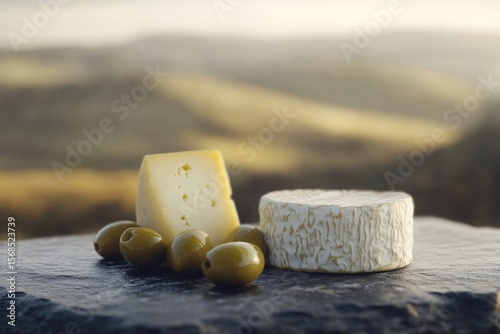 Cheese and olives sit on a slate surface against a blurred landscape, bathed in warm, soft light.